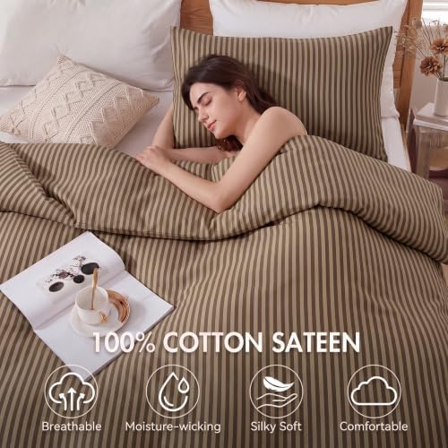 Bedbay Brown Striped Duvet Cover Set, 100% Cotton 300TC Sateen King Size Duvet Cover, Mocha Brown Fine Stripe Bedding, Soft Smooth Breathable Warm Neutral Set, 3 Pieces