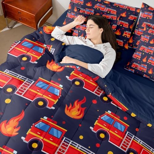 Erosebridal Boys Fire Truck Comforter Set with Sheets King, Cartoon Red Firemen Car Bed in A Bag for Kids Teens Men Room Decor, Dark Blue 7 Pcs Bedding Set, Fire Engine Polka Dots Bed Sets