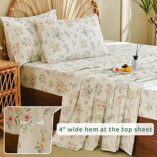 QSH Green Floral Sheets Queen Size,Yellow Flowers Botanical Pattern Printed Bedding Sheets 100% Egyptian Cotton Sheet Queen Size Set Extra Soft and Breathable 17.5" Deep Pockets Bed Sheet 4pcs