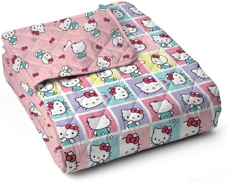 Northwest Hello Kitty Sweet As Can Be Reversible Quilted Throw, Kawaii Cozy Fantasy Throw, Gift for Anime Fans or Game Room Décor, 90 x 90 Inches