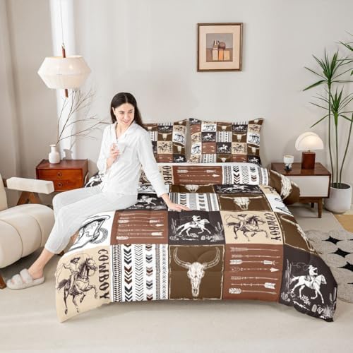 Western Comforter Set Queen Size,Southwestern Aztec Country Horse Bedding Set 2pcs,Cowboy Rustic Ranch Style Down Comforter,Brown Patchwork Farmhouse Bed Set for Kids Boys Teens,1 Pillowcase,No Sheet