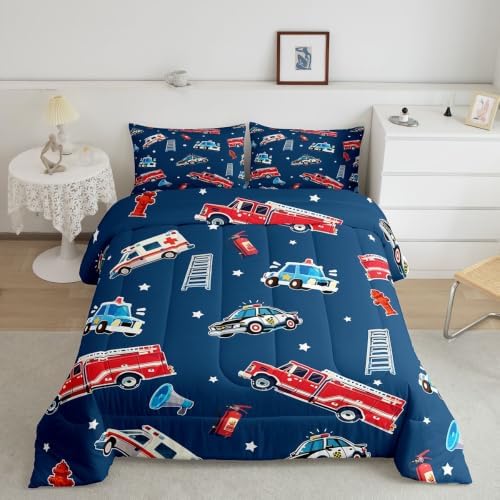 Feelyou Fire Truck Comforter Set Queen Size Police Car Bedding Set for Kids Boys Girls Ambulance Cartoon Car Duvet Quilt Bedroom Decor Microfiber 3 Pcs with 2 Pillow Cases