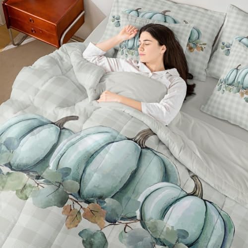 Erosebridal Fall Pumpkins 7 Piece Bedding Set Twin Thanksgiving Day Comforter Set with Sheets Polka Dots Bed in a Bag Autum Leaves Nature Bed Sets Comforter