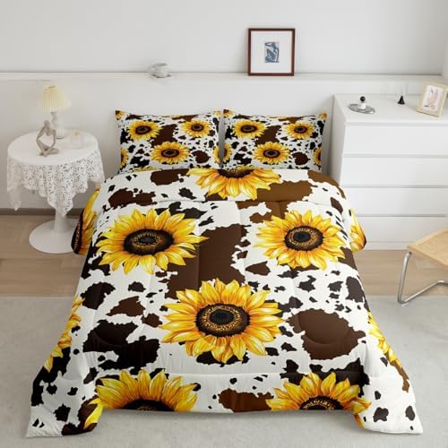Sunflower Cow Comforter Set for Kids Girls Boys,Rustic Cowhide Brown Bedding Set with Yellow Floral Ultra Soft,Twin Size Wildlife Farmhouse Cow Duvet Insert Abstract Milk Cow Bedding Collections 2pcs