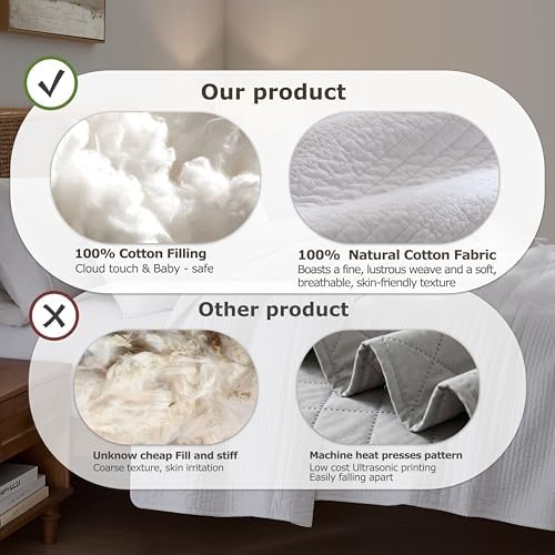 palassio Striped White 100% Cotton Quilt Queen Size Bedding Sets, Lightweight Crinkly Channel Pick Stitch Textured Bedspread Soft Shabby Chic Farmhouse Country Coverlet for All Season, 2 Shams