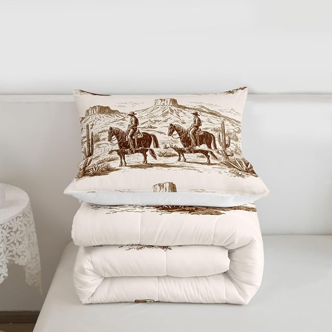 Wild West Comforter Set Queen Cowboys Bedding For Man Teens Boy American Western Desert Hunting Horse Riding Bedding Comforter Sets Hand Drawn Illustration Mountain Cactus Room Decor Duvet Insert