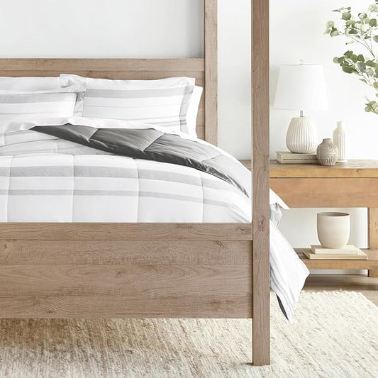 LINENS & HUTCH Comforter Set Patterned Microfiber All Season Down-Alternative Ultra Soft Bedding in Stitched Stripe - Full/Queen Stitched Stripe Gray