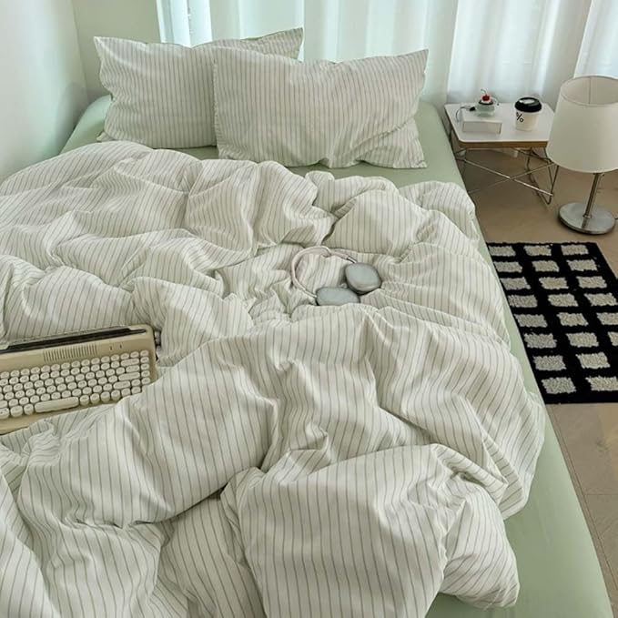 Nayoroom Green Striped Duvet Cover Queen Size 100% Washed Cotton Duvet Cover Linen Like Textured, Reversible 3 Pieces Soft Breathable Yarn-Dyed Stripe Girls Dorm Bedding Set for All Seasons