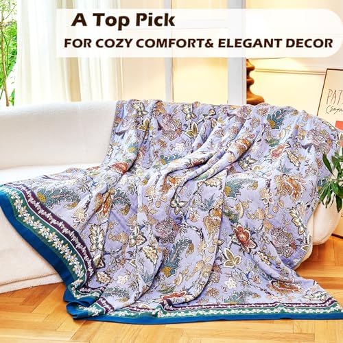 VANJOROY Boho Throw Blanket 60" x 80", 100% Organic Cotton Breathable Ultra Soft Bed Purple Quilt Throw - All Season Luxury Floral Farmhouse Decor Blanket for Sofa Couch Chair and Gift.