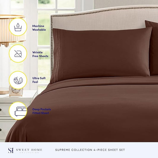RV Queen Bed Sheets - Breathable Luxury Sheets with Full Elastic & Secure Corner Straps Built In - 1800 Supreme Collection Extra Soft Deep Pocket Bedding Set, Sheet Set, RV Short Queen, Brown