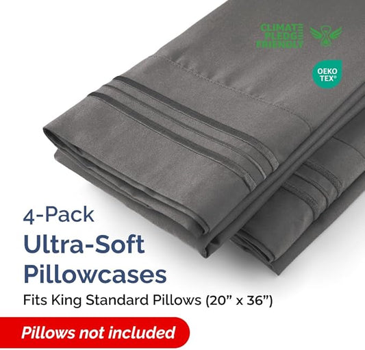 King Standard Pillow Cases Set of 4 - Soft Hotel Quality Pillowcase Covers - Comfy Bedding for Women, Men, Kids & Teens - Machine Washable Pillow Protectors - 4 Piece Set - King Standard Size Charcoal