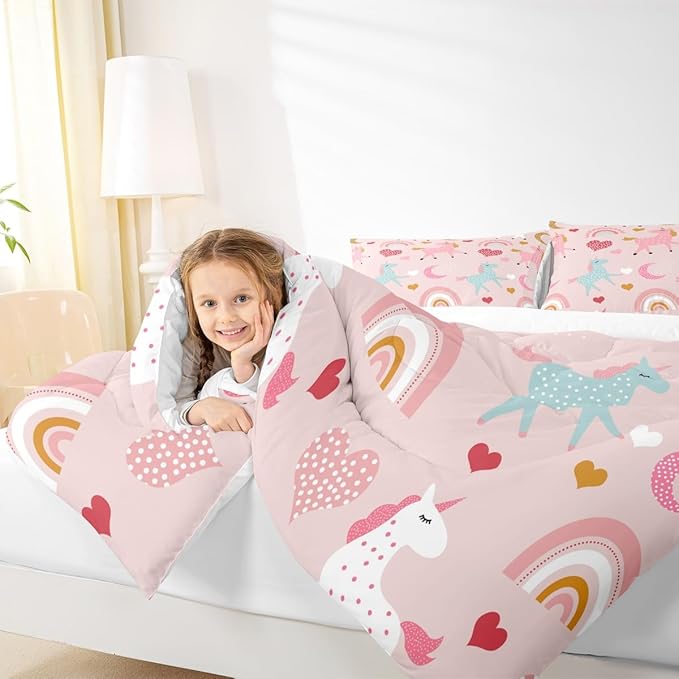 Feelyou Unicorn Comforter Set Kids Cute Cartoon Unicorns Decor Comforter for Girls Pink Bedding Set Rainbow Duvet Set Twin Size Quilt Boys