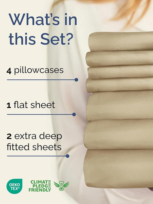 Extra Deep Split King Sheet Set - 7 Piece Breathable and Cooling Sheets - Hotel Luxury Bedding for Women, Men, Kids & Teens - Easy Secure Fit - Soft, Wrinkle Free & Comfy - Extra Deep Pockets - Beige