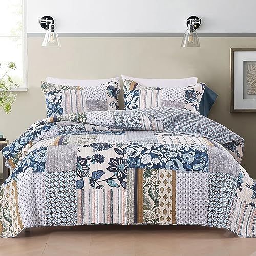Yvooxny King Quilt Set Reversible Quilted Bedspread 3-Piece Lightweight Floral Real Patchwork Coverlet Bedding Set with Pillowcases for All Seasons, 108 * 96 Inches