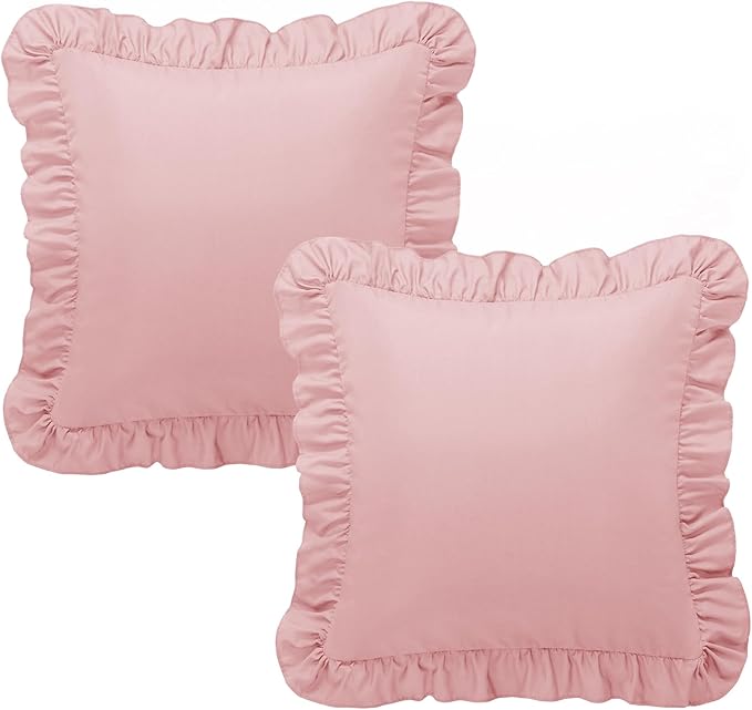 KKJIAF Ruffle Pillow Cases 24x24 Inches, Light Pink Square Ruffled Pillow Covers Set of 2, Microfiber Wrinkle Resistant Pillow Shams with Envelope Closure for Sofa Bed Living Room
