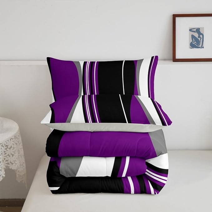 Erosebridal Purple Black Abstract Twin Bedding Sets for Adult Women Men Grey Modern Striped Comforter Set Geometric Stripes Lines Quilt Duvet Set Contemporary Art Boho Bed Collections for Minimalist