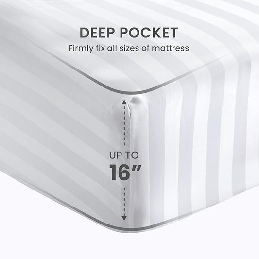 SLEEP ZONE Striped Cooling Sheets Set Full Size - Fitted Flat Sheet & Pillowcase Sets 4 Piece - Super Soft Stripe Bed Sheet, Easy Care, Deep Pocket (White, Full)