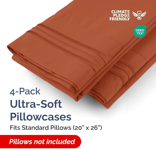 Standard Pillow Cases Set of 4 - Ultra Soft Hotel Quality Pillowcase Covers - Comfy Bedding for Women, Men, Kids & Teens - Machine Washable Pillow Protectors - 4 Piece Set - Standard Size Terracotta