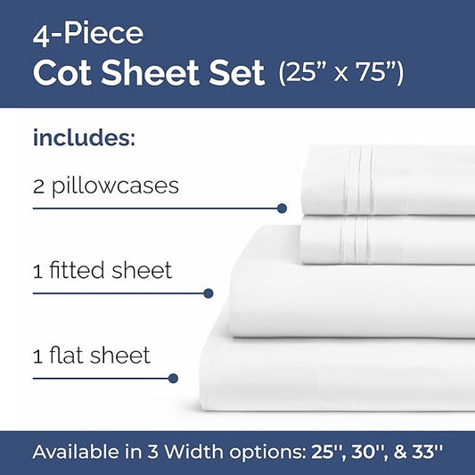 Cot Sheet Set 25” x 75” – Easy-Fit Cot Size Mattress Sheets – Ideal for Narrow Twin, Camper Bunk, RVs, Twin Bunks, Day Care and Camping Cots - Cot Size Fitted Sheet fits 6” to 10” Mattresses – White