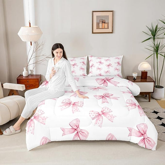 Erosebridal Pink Bow Kids Bedding | Coquette Bowknot Twin Comforter Sets,Princess Girls Ribbon Bowtie Comforter Watercolor Cute Duvet Insert with 1 Pillow Case