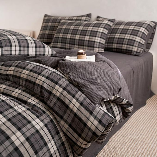 VM VOUGEMARKET Grey Gingham Duvet Cover King Size,Soft Double Layer Cotton Bedding Set with Jacquard Plaid Check Pattern,Breathable Reversible Duvet Cover with Zipper Closure