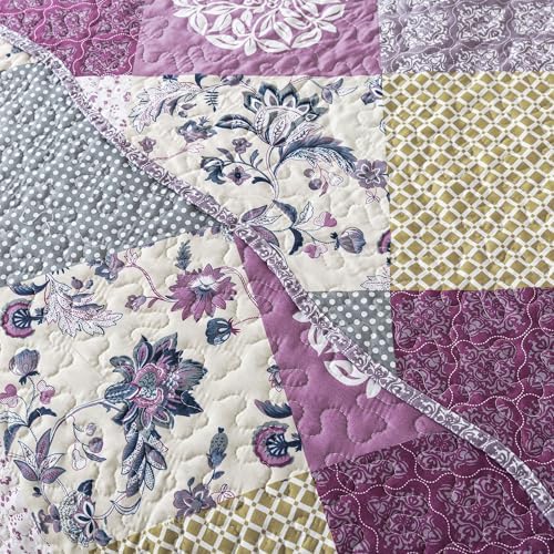 HoneiLife King Size Quilt Sets - 3 Pieces Microfiber Quilt Set Lightweight Bedspreads Reversible Coverlets Rustic Bed Cover King Quilt Bedding Set All Season Quilts-Beige & Purple