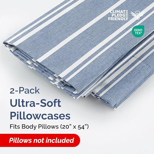 Body Pillowcases Set of 2-20x54 Long Body Pillow Case - Soft Body Pillow Cover for Sleeping & Side Sleepers - Comfy, Wrinkle & Fade Free - Machine Washable w/Envelope Enclosure Blue Stripes 3