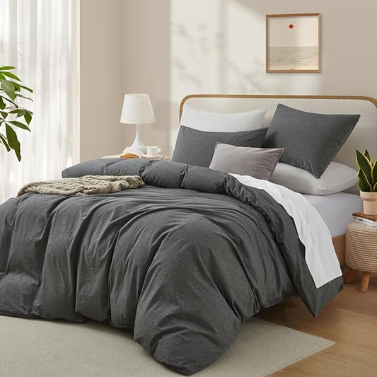 LOVQUE 100% Washed Cotton Duvet Cover King Size, Grey Fade-Resistant Natural Bedding Set (No Comforter), 104x90 Inches