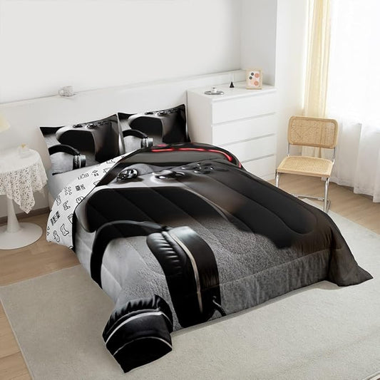 Feelyou Gaming Bedding Set Boys Game Controller Comforter for Kids Girls Teens Modern Gamer Headset Comforter Set Youth Gaming Console Video Game Decor Duvet Set with 2 Pillow Case King Size Black