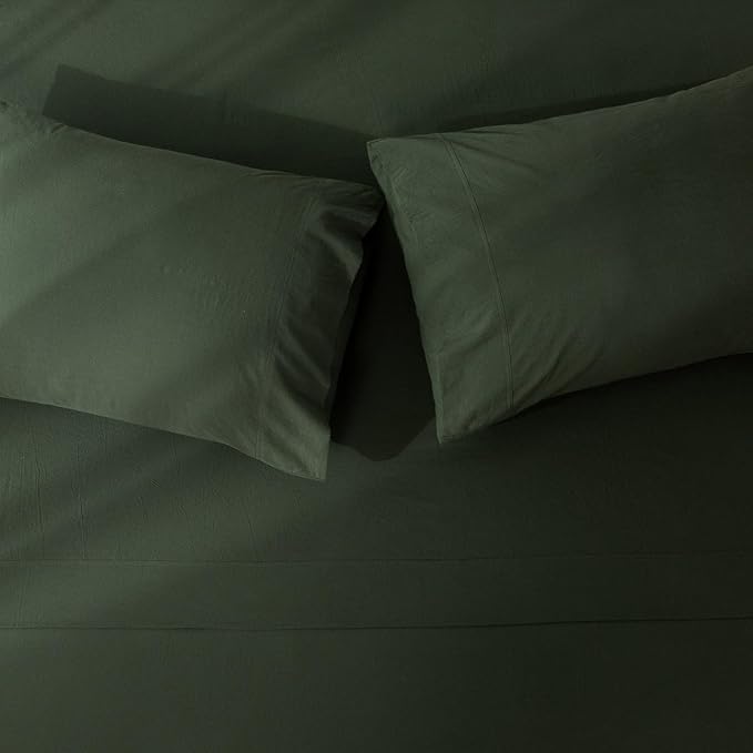 JIYUAN Full Size Sheet Set, 4-Piece - 100% Washed Cotton, Linen-Like Soft & Breathable, Includes Deep Pocket Fitted & Flat Sheet with 2 Pillowcases, Hotel Quality, Solid Forest Green