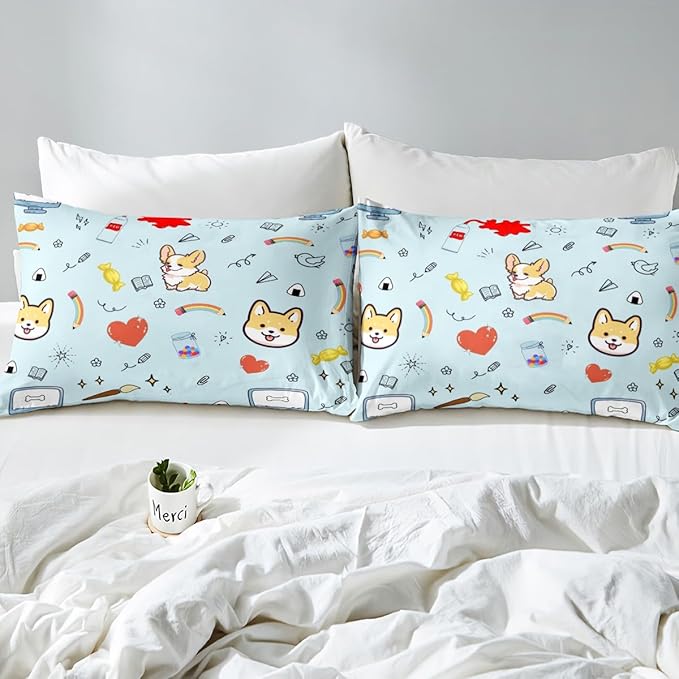 Cartoon Dog Bedding Set Full Size,Hippie Graffiti Painting Duvet Cover for Teenagers Bedroom Decor,Kawaii Puppy Pet Theme Bed Set of 3 Piece with Zipper Closure,No Comforter