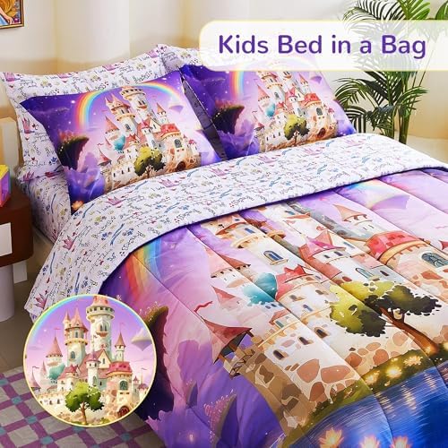 Viviland Twin Bedding Set for Girls 5 Piece Bed in a Bag with Comforter, Sheets, Pillowcases Soft Microfiber Kids Comforter Set, Oeko Certified, Machine Washable, Enchanted Rainbow Castle Fairy Tale