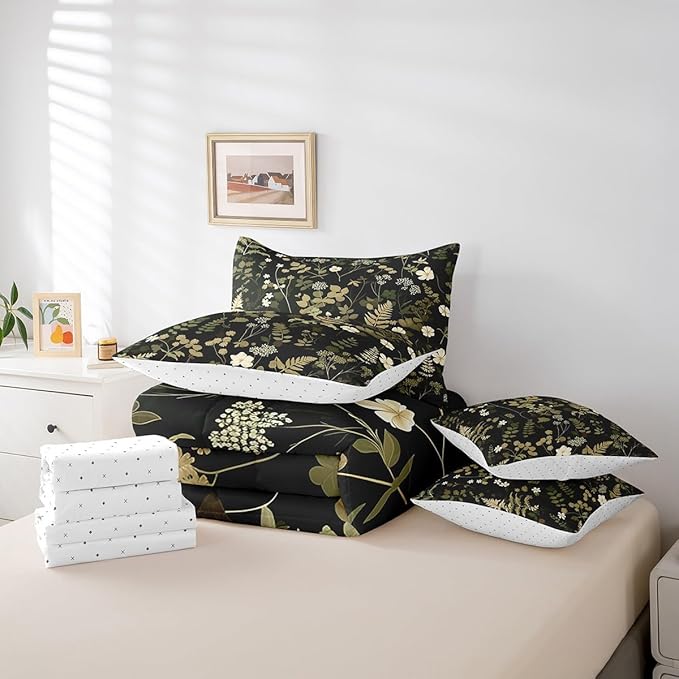 Castle Fairy Botanica Leaves 7 Pieces Bedding Set Twin Bed in a Bag,Wild Plants Retro Jungle Flowers Comforter Set for Be3droom Decor,Retro Farmhouse Style Soft Warm Microfiber Bedding