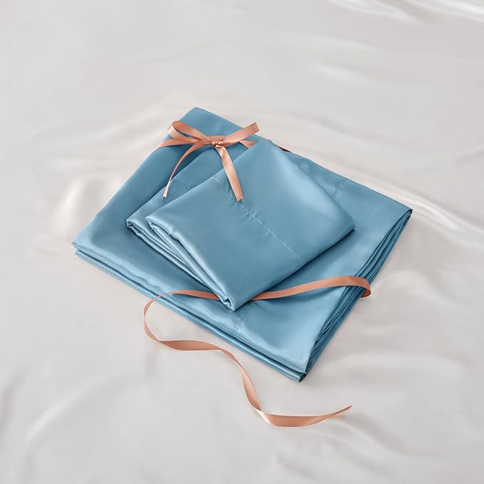 BEDELITE Satin Sheets Twin XL Size Bed Set, Luxury Soft Airy Blue Sheets for Hair and Skin, Similar to Silk Bed Sheets Set 3 Pieces with 1 Deep Pocket Fitted Sheet, 1 Flat Sheet, and 1 Pillowcase