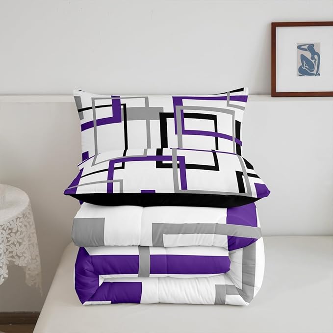 Erosebridal Purple Grey Black Square Bedding Set for Kids Boys Girls,Geometric Comforter Set Full,Abstract Grid Pattern Down Comforter,Modern Abstract Art Quilted Duvet with 2 Pillowcases
