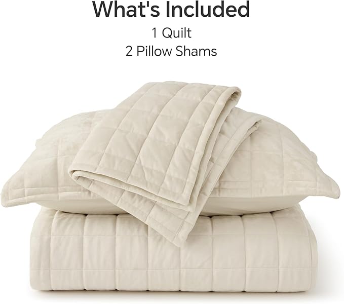 BEDELITE Velvet Quilt Set King Size - Luxury Velvet Comforter Bedding Set 3 Pieces, Soft Cozy Cream White Oversized Bedspread Coverlet for All Seasons with 2 Pillow Shams