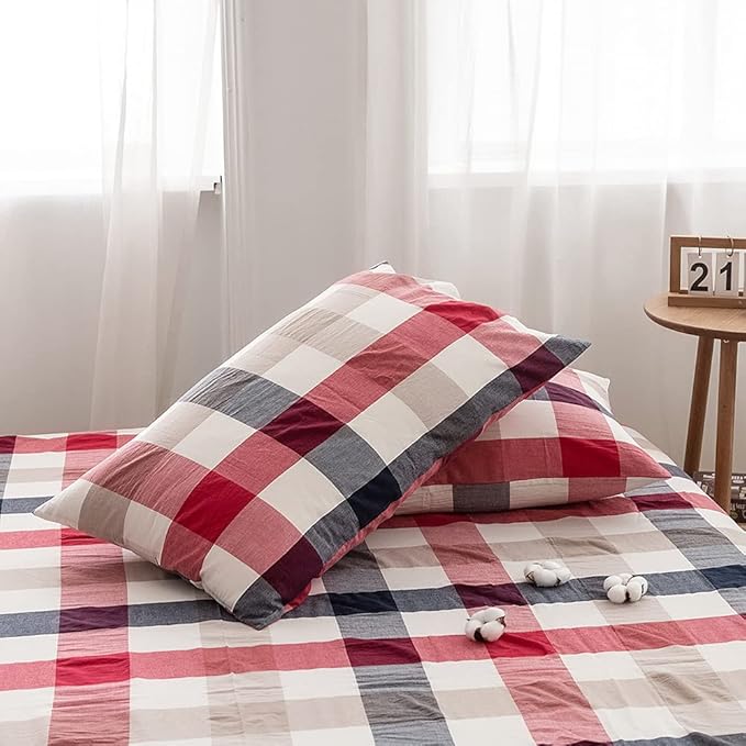 FACE TWO FACE Bedding Duvet Cover Set100% Washed Cotton Duvet Cover Linen Like Textured Breathable Durable Soft Comfy(King, Blue red Grid)