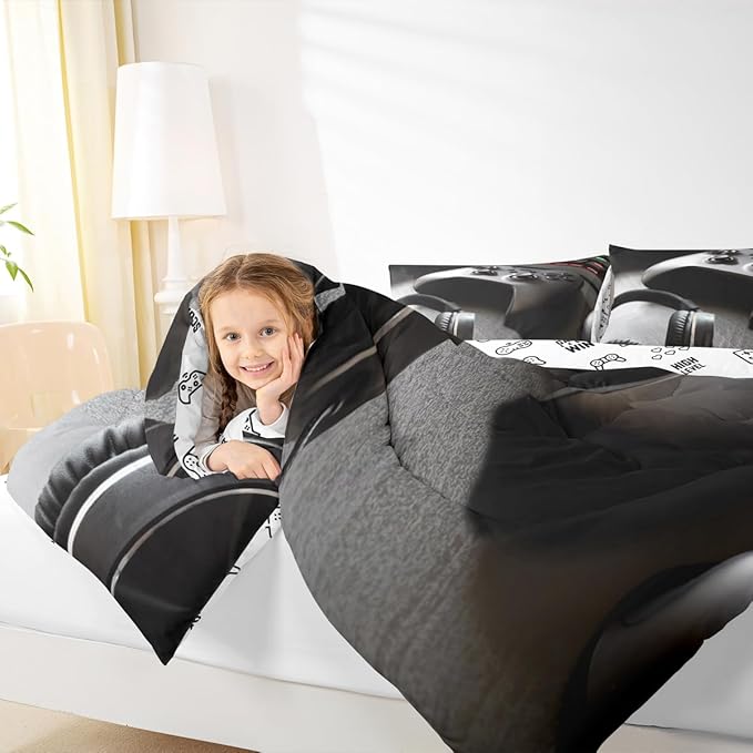 Feelyou Gaming Bedding Set Boys Game Controller Comforter for Kids Girls Teens Modern Gamer Headset Comforter Set Youth Gaming Console Video Game Decor Duvet Set with 2 Pillow Case King Size Black