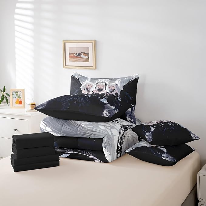 Erosebridal Japanese Anime Bed in A Bag King Comforter Set 7 Piece, Anime Girl Bedding Sets Kawaii Japanese Style Sheet Set with Comforter Cartoon Japan Animation Bedroom Decor, Black