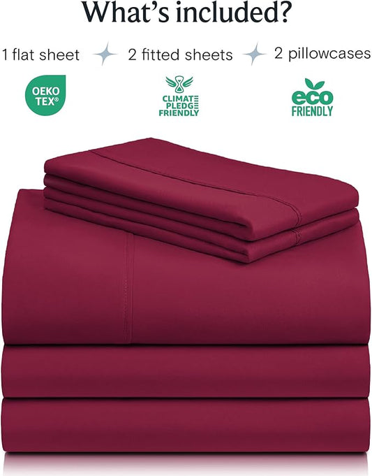 LuxClub 5 PC Split King Sheet Set, Breathable Luxury Bed Sheets, Deep Pockets 18" Eco Friendly Wrinkle Free Cooling Sheets Machine Washable Hotel Bedding Silky Soft - Burgundy Split King