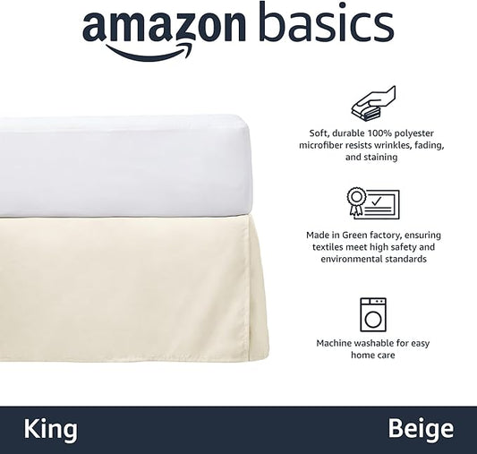 Amazon Basics Lightweight Pleated Bed Skirt, Machine Washable, Wrinkle Resistant, King, Beige