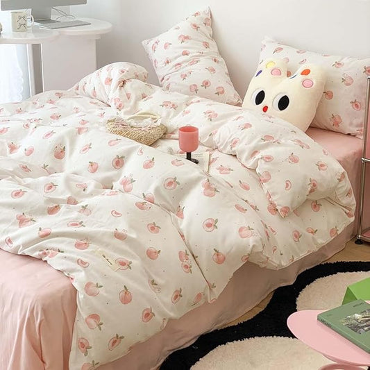 Nayoroom Pink Peach Duvet Cover Full Size Kawaii Fruit Peaches Rabbit Printed on White Comforter Cover 3Pcs Kids Girls Soft Breathable Microfiber Cute Cartoon Bedding Set with Zipper Closure