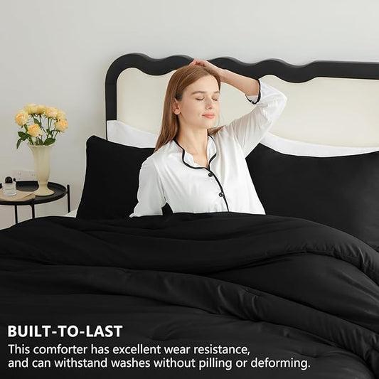 CozyLux Twin/Twin XL Comforter Set Black, 2 Pieces Twin Extra Long Solid Breathable Bedding Sets for College Dorm, Luxury Soft Bed Set with Down Alternative Comforter and 1 Pillowcase All Seasons