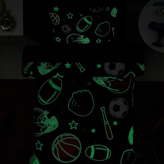 Twin Comforter Set for Boys-5 Pieces Sports Ball Games Glow in the Dark Twin Bedding Sets for Kids, Ultra Soft Bed in A Bag with Sheets