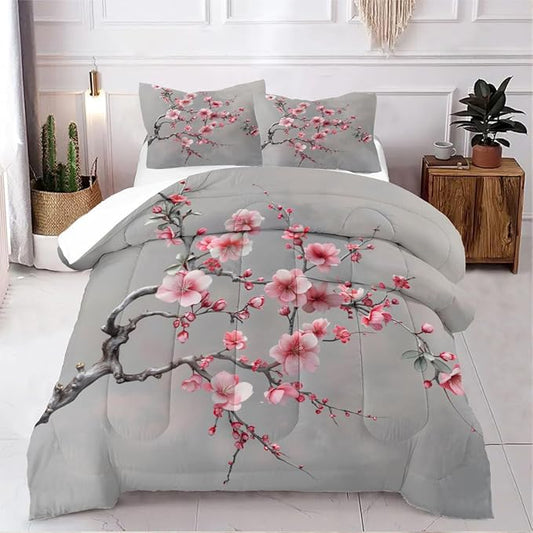 Cherry Blossom Comforter Set Queen Japanese Style Gray and Pink Floral Bedding Set Japan Bedroom Deccor Bedding Aesthetic Flower Branch Pattern, Ultra Soft Lightweight Comforter Sets