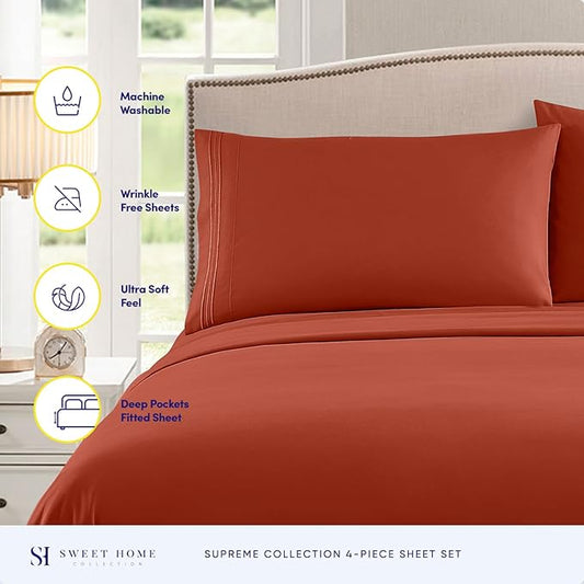 Queen Size Bed Sheets - Breathable Luxury Sheets with Full Elastic & Secure Corner Straps Built In - 1800 Supreme Collection Extra Soft Deep Pocket Bedding Set, Sheet Set, Queen, Rust