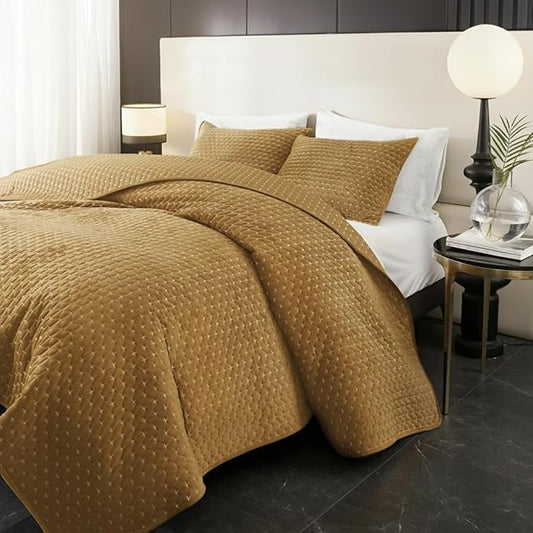 Powdion Velvet Quilt King Size,Bedspread Quilted Bedding Set,Luxurious Soft Coverlet Set Lightweight Velvet Comforter with Pillow Shams Brown, 96x106 Cross Stitch Striped Quilt Set
