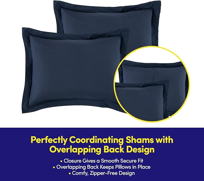 Full Size Comforter Set Quilted Stripe Bedding Bundle – Comforter, Mattress Protector, Sheets with Pockets on the Side & Built-in Corner Strap – Fitted Sheet Media Pocket for Devices, Navy Blue