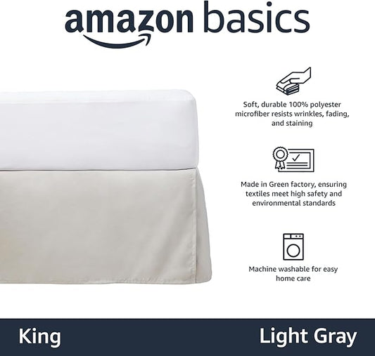 Amazon Basics Lightweight Pleated King Size Bed Skirt, Wrinkle and Fade Resistant, Machine Washable, Dust Ruffle, Light Grey, 16-inch Drop