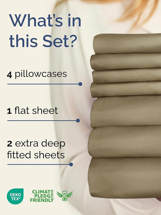 Extra Deep Split King Sheet Set - 7 Piece Breathable and Cooling Sheets - Hotel Luxury Bedding for Women, Men, Kids & Teens - Easy Secure Fit - Soft, Wrinkle Free & Comfy - Extra Deep Pockets - Khaki